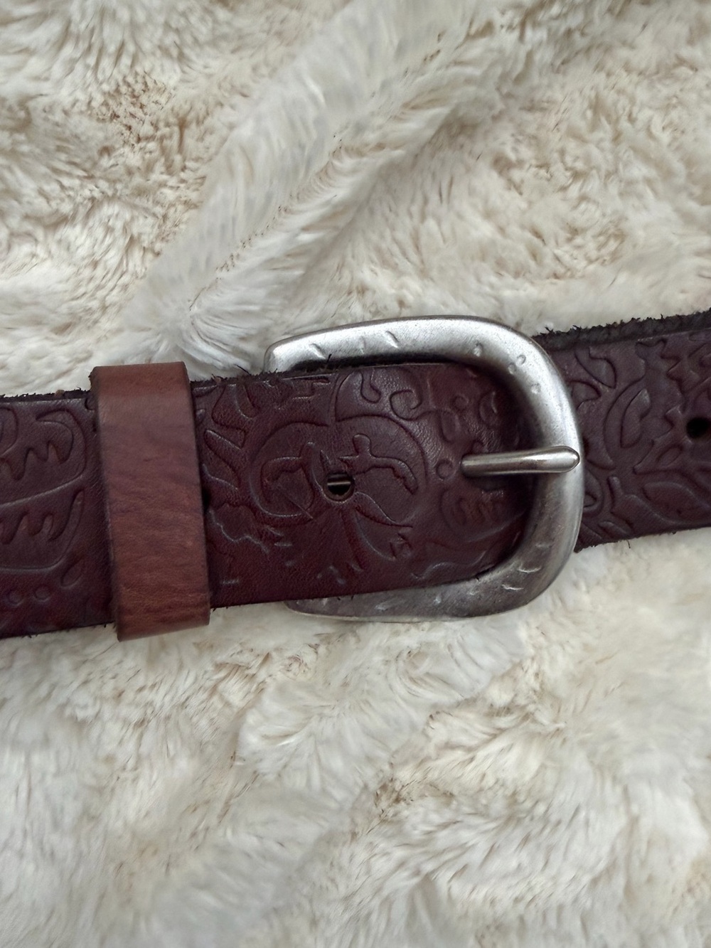 Brown Embossed Leather Women’s Belt with Silver Buckle